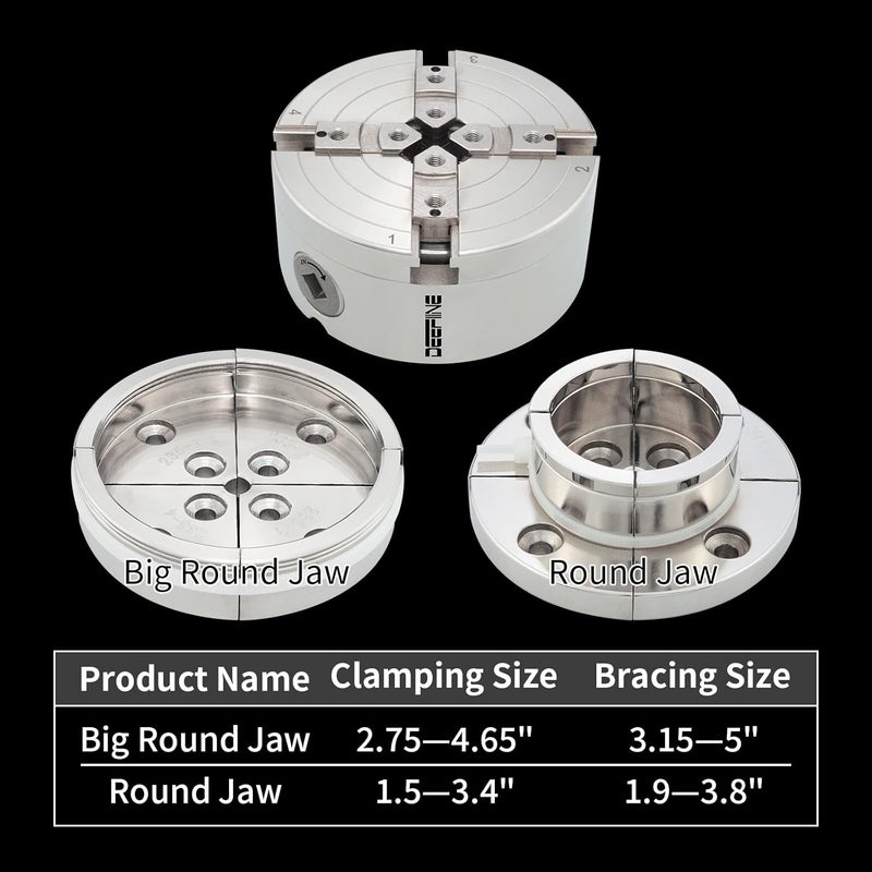 DEEFIINE 4 Inch Wood Lathe Chuck Set 1" x 8 tpi thread & 3/4"x16TPI Adapter, Nickel Plated Self Centering 4 Jaw Wood Turning Chuck set (2PCS jaws) - Image 3
